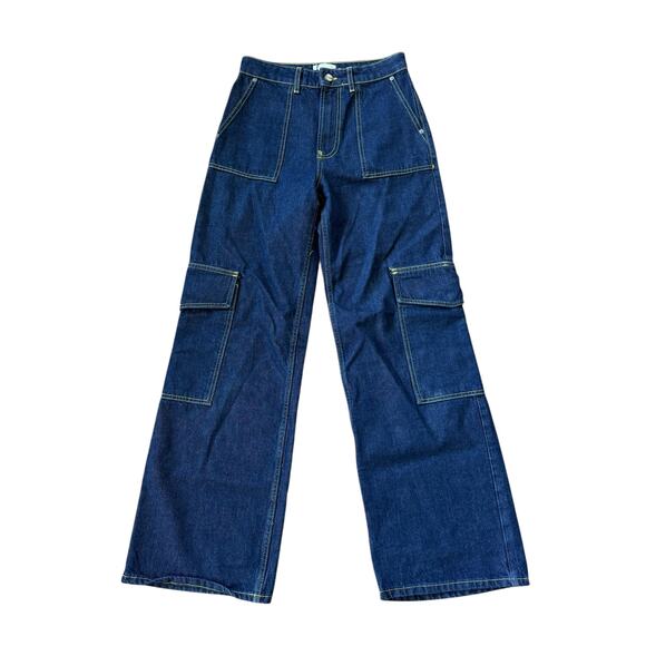 NEW Ganni Angi Wide Leg Cargo Jeans Rinse Denim - Picture 2 of 13